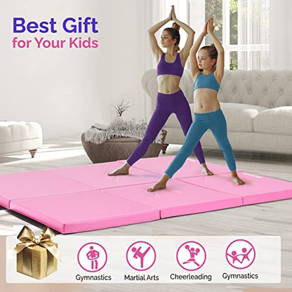 Matladin 6' Folding Tri-fold Gymnastics Gym Exercise Aerobics Mat, 6ft x 2ft x 2in PU Leather Tumbling Mats with Hook & Loop Fastener for Stretching Yoga Cheerleading Martial Arts - color: Pink