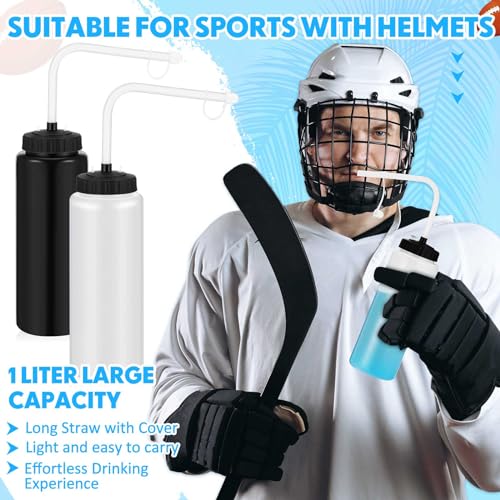 Domensi 4 Pack 32 oz Hockey Sports Water Bottle with Long Straw Easy Squeeze Plastic Bottle Helmet Friendly for Sport Hockey Football Lacrosse(Black/translucent,Classic) - color: Black/translucent