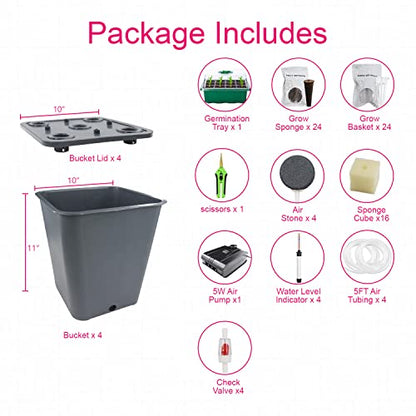 4 Hydroponic Buckets Kit for Plants, Hydroponics Growing System for Herbs/Tomato/Vegetables, DWC System with Air Pump & Germination Tray (Complete Indoor Hydroponic Gardening Supplies)