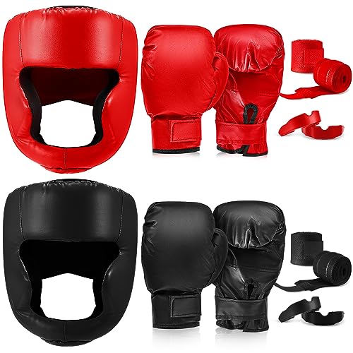 Kanayu 14 Pcs Boxing Gloves and Headgear Set for Beginners Youth 16 Ounce Boxing Gloves Headgear Helmet Hand Wraps Mouth Guards Equipment for Beginners Training Equipment Gifts - color: Black, Red