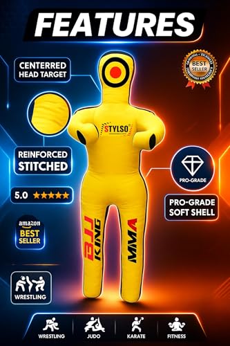 Unfilled Grappling Dummy – Adult Life Size Wrestling & BJJ Training Dummy, MMA Jiu Jitsu Judo Takedown & Throwing Practice, Heavy-Duty Triple-Stitched Canvas Submission Dummy - color: Yellow, size: 6ft / 72"