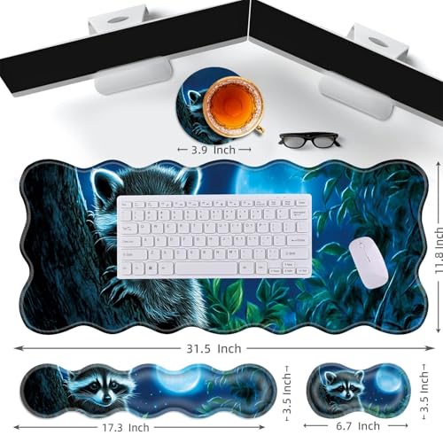 Large Gaming Mouse Pad, Keyboard Wrist Rest Pad & Wrist Support Mousepad Set, Stitched Edge, Extended, Non-Slip Base, Memory Foam Desk Mat for Office, Home,Cute Raccoon - color: Cute Raccoon