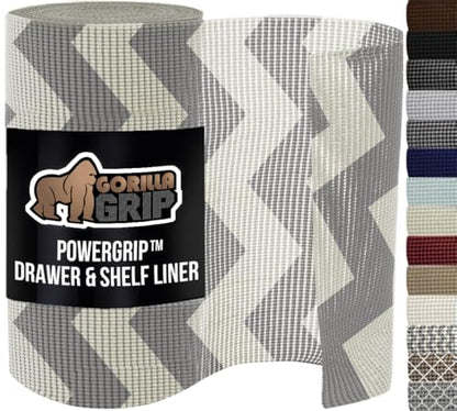 GORILLA GRIP powerGRIP Drawer Shelf and Cabinet Liner, Thick Strong Hold, Non-Adhesive Liners Protect Kitchen Cabinets and Cupboard, Bathroom Drawers, Easy Install, Breathable Mat, 12" x10' Gray White - color: Chevron: Gray/White, style: 12" x 10'