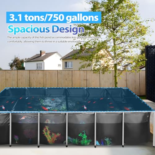 Hemobllo Above Ground Pool with Clear Viewing Panel and Drain Valve, 750 Gal Canvas Fish Pond for Outside Rectangular Goldfish Tank with Stainless Steel Frame for Backyard Breeding Koi Outdoor - Black