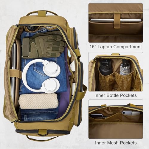 G4Free 3-in-1 Duffle Bag Travel Gym Sports, Large Tactical Duffel Backpack - color: Khaki
