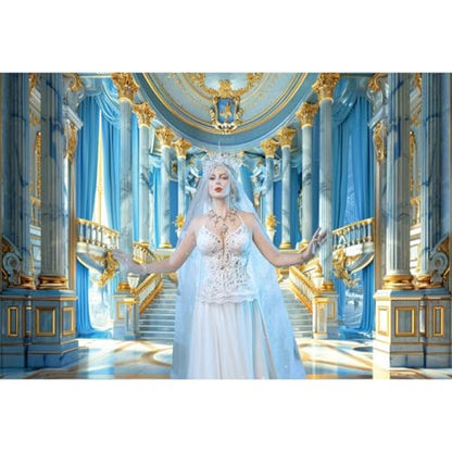 Fabric Blue Palace Backdrop Luxury Golden Hall Castle Interior Staircase Masquerade Party Scene Wedding Bridal Shower Background Photo Booth Studio Props 5x4ft - color: XH002, size: 5Wx4H FT