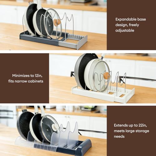 Pot Lids Organizer Rack for Cabinet and Countertop - 8+ Pan Lids and Bakeware Organizer Rack Holder, Expandable 13" to 22" with 8 Dividers, Base for Lids, Bakeware, Cookware Storage, Dark Grey