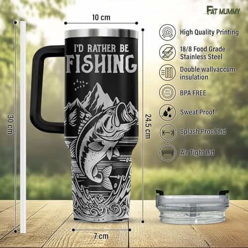 Fishing 40oz Insulated Tumbler With Handle And Straw, Laser Engraved Style Stainless Steel Travel Mug, Funny Fisherman Gift For Men, Dad, Fathers Day