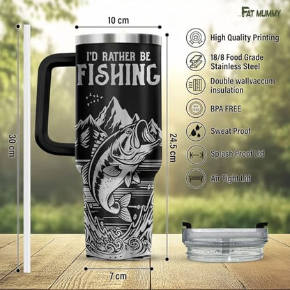 Fishing 40oz Insulated Tumbler With Handle And Straw, Laser Engraved Style Stainless Steel Travel Mug, Funny Fisherman Gift For Men, Dad, Fathers Day