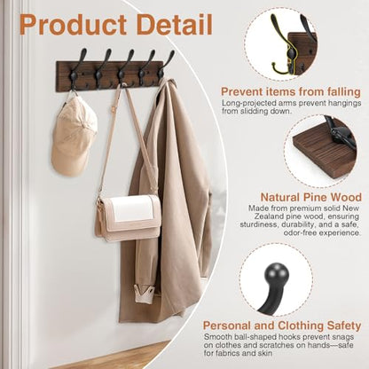 Wooden Coat Rack Wall Mount Heavy Duty, 2 Pack Coat Hanger Wall Mount with 5 Triple Hooks for Clothes, Jacket, Hat, Keys, Space Saving Entryway Organizer for Mudroom (‎Brown Plate & Black Hooks) - color: ‎Brown Plate & Black Hooks