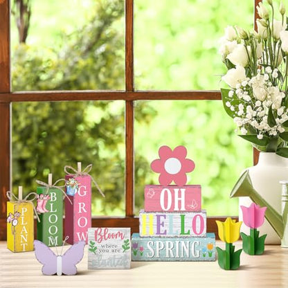 11 Pcs Spring Table Decorations Tulips Tiered Tray Decor Butterflies Home Centerpiece Decorative Wood Books Table Top Decor Flower Wooden Sign for Party Supplies - style: Spring