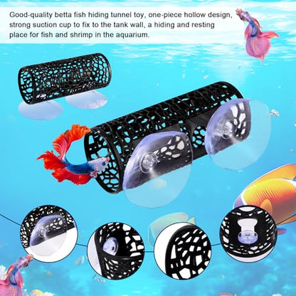 2pcs Betta Fish Tunnels, Black Aquarium Hammock Hideout Cave with 4 Suction Cups Safe Small Hole Hollow Design for Small Fish Shrimp Guppies Betta Tank Accessories & Decor