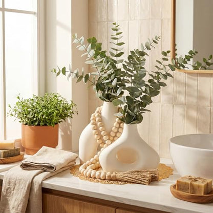 4 Pcs Rustic Country Tabletop Centerpieces Set of 2 Boho Ceramic Flower Vases Wooden Beads Garland and Gold Round Placemats for Farmhouse, Boho Home Coffee Table Decor