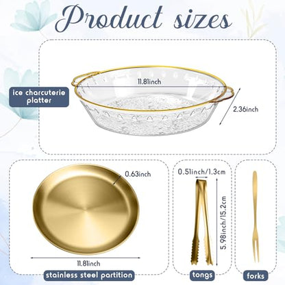 4 Sets 11.8" Chilled Serving Tray for Parties Round Iced Platter with Ice Underneath Stainless Steel Clip Fruit Fork Shrimp Cocktail Serving Dish for Oysters Crawfish Fruits (Gold) - color: Gold