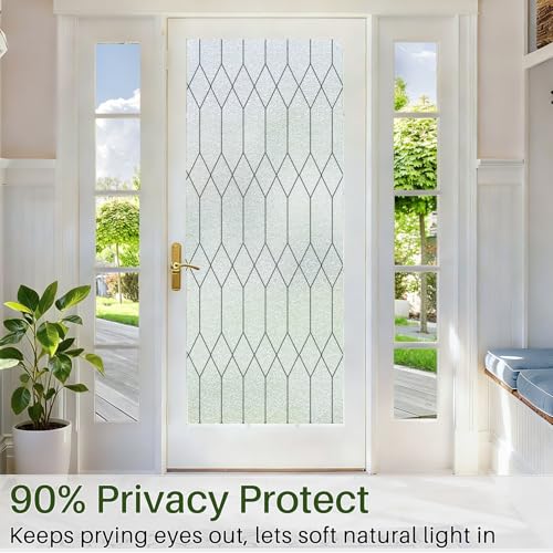Window Privacy Film Stained Glass Static Clings, Bathroom Frosted Leaded Decorative Window Stickers, UV Heat Blocking Opaque Removable for Home Door Coverings (17.5 x 78.8in,Pure)