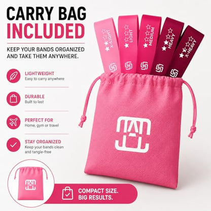 GOCHA Gadgets Resistance Loop Exercise Bands, Set of 5 with Carry Bag - color: Pink Set