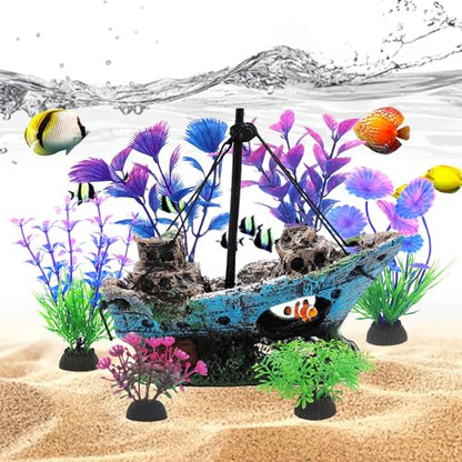 Aquarium Decoration Kit, Resin Shipwreck Ornament with 6 Artificial Aquatic Plants, Fish Tank Decor Set