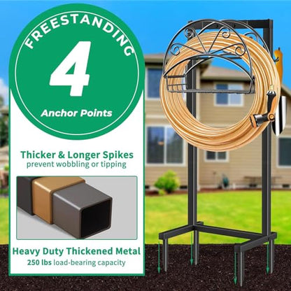 TomCare Garden Hose Holder Upgraded Water Hose Holder Heavy Duty 4 Spikes Hose Hanger Holds 160 Feet Hoses Stable Freestanding Hose Storage Organizer for Outside Yard - color: Matte Black