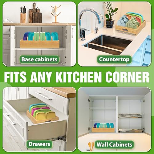 [UPGRADED] Bamboo Lid Organizer with Diatomite Base, Moisture-Absorbing Kitchen Cabinet Organizer for Food Storage Container Lid, Adjustable Pot Lid Holder Bamboo Caddy for Cabinet, Drawer, Countertop