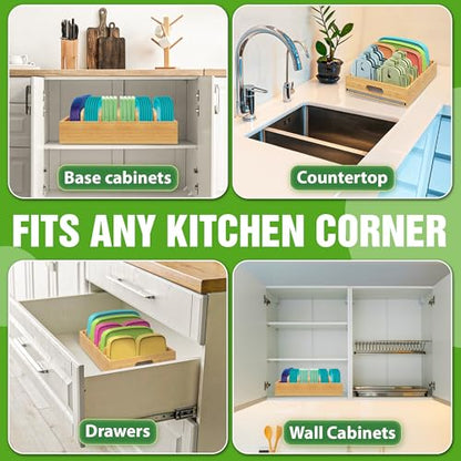[UPGRADED] Bamboo Lid Organizer with Diatomite Base, Moisture-Absorbing Kitchen Cabinet Organizer for Food Storage Container Lid, Adjustable Pot Lid Holder Bamboo Caddy for Cabinet, Drawer, Countertop