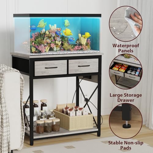 20-29-37 Gallon Fish Tank Stand with Power Outlet, Heavy Duty Metal Aquarium Stand with Two Storage Drawers for Fish Tank Accessories Storage, Perfect for Turtle Tank, Reptile Terrarium, Grey