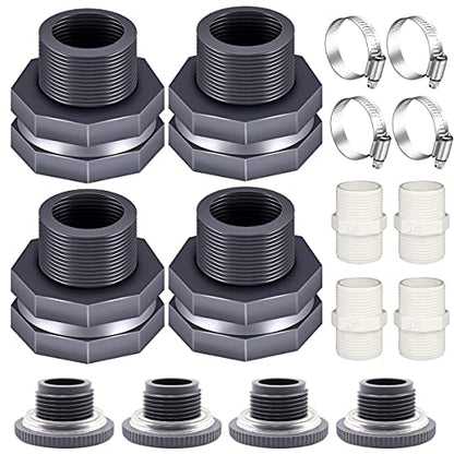 4PCS PVC Bulkhead Fitting 3/4 Inch with Plugs,water Pipe Connector,(21-38mm) Hose Clamps Kit,Water Tank Connector Adapter,Thru-Bulk Pipe Fitting for Rain Barrels,Water Tanks,Pools(Grey) H-07 - style: 4Pcs 3/4inch kit