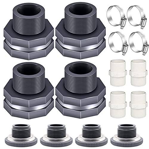 4PCS PVC Bulkhead Fitting 3/4 Inch with Plugs,water Pipe Connector,(21-38mm) Hose Clamps Kit,Water Tank Connector Adapter,Thru-Bulk Pipe Fitting for Rain Barrels,Water Tanks,Pools(Grey) H-07 - style: 4Pcs 3/4inch kit