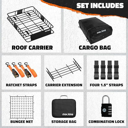 Mockins 64"x39"x6" Extendable Heavy Duty Roof Rack Basket & 16 Cu Ft Waterproof Cargo Bag for Top of Car | 250 Lbs Capacity Steel Rooftop Cargo Carrier for Top of Vehicle with Roof Basket Accessories - size: Basket+Bag: 64"x39"x6"