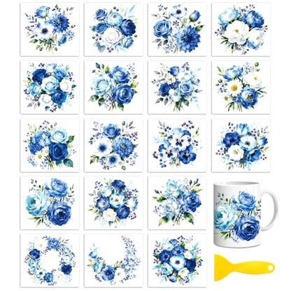 Peacoblue 18 Sheets Rub on Transfers for Crafts, Blue Flower Bunch 3.6"x3.9" UV DTF Cup Wraps Waterproof Rub on Cold Transfers Stickers for Wood Glass Metal Cup Tumblers Mirrors Mugs Home Decor - style: Blue Flower Bunch