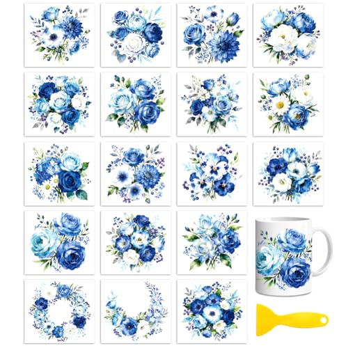 Peacoblue 18 Sheets Rub on Transfers for Crafts, Blue Flower Bunch 3.6"x3.9" UV DTF Cup Wraps Waterproof Rub on Cold Transfers Stickers for Wood Glass Metal Cup Tumblers Mirrors Mugs Home Decor - style: Blue Flower Bunch