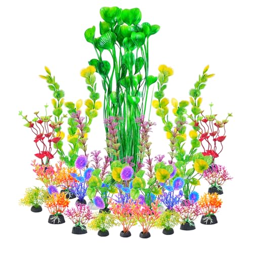 AQUANEAT 26pcs Artificial Fish Tank Plants, Multi Color Plastic Aquarium Accessories - color: Multi Color