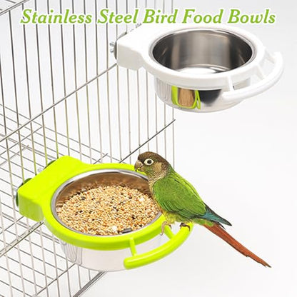 2 PCS Bird Feeding Dish Cups with Perch Stand Hanging Stainless Steel Bird Bowls Food Container Food and Water Bowls with Spoon for Budgie Cockatoo Finch Lovebirds Pigeons (Green&White)