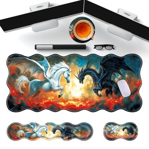Large Gaming Mouse Pad, Keyboard Wrist Rest Pad & Wrist Support Mousepad Set, Stitched Edge, Extended, Non-Slip Base, Memory Foam Desk Mat for Office, Home,Horse and Dragon - color: Horse and Dragon