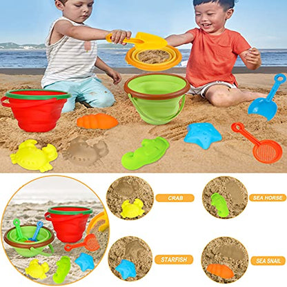 Beach Sand Toys Set for Kids, Silicone Collapsible Foldable Beach Bucket Travel Beach Toys for Summer Outdoor Camping and Fishing Tub with Sand Molds Shovels Rakes for Toddlers Boys Girls 2.5L 3PCS