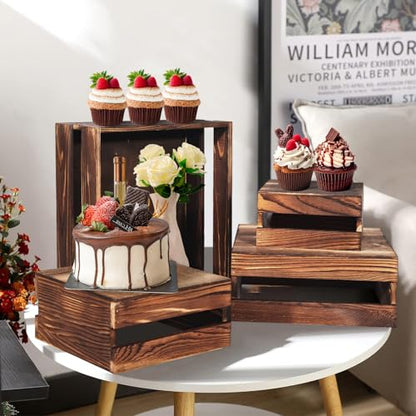 8 Pcs Buffet Risers with Mini Signs, Rustic Wood Cake Stands, Food Risers for Buffet Table, Dessert Display Stand, Wood Crates, Rustic Cake Stand for Party, Wedding, Birthday, Baby Shower, 4 Sizes