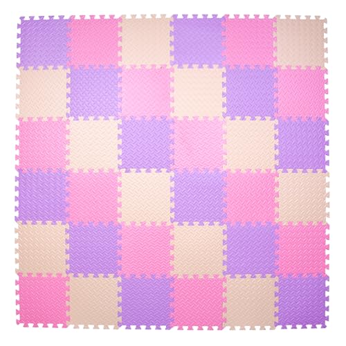 Foam Play Mat, EVA Non-Toxic Interlocking Floor Mats | Tamiplay, ASTM & CPSIA Passed, 11.8 x 11.8″, 0.4″ thick, Non-slip & Waterproof, Easy to clean, Easy Assemble - color: Pink/Beige/Purple, size: 36 Pcs/70.8*70.8