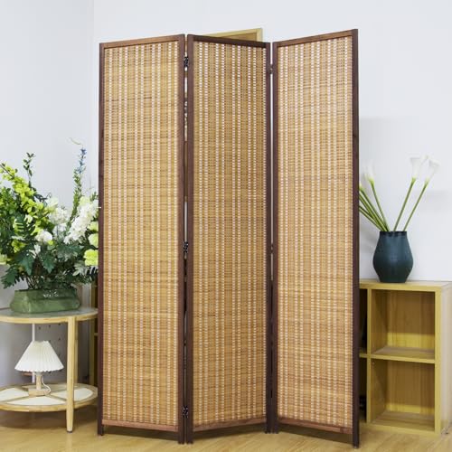 3 Panel Bamboo Room Divider Screen,5.6 FT Tall Bamboo Divider Folding Panel Screen,Freestanding Panel Divider for Room Seperation,Brown