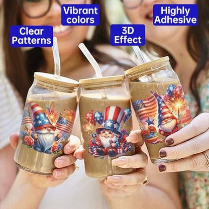 4 PCS 4th of July Gnome UV DTF Cup Wrap for 16oz, Rub on Transfer Stickers Glass Mugs, High Viscosity Permanent UV DTF Sticker, Coffee Cups, Water Bottles and Personalized Crafts - style: 4th of July Gnome