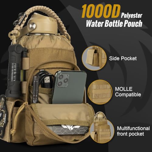 ONETIGRIS 64oz Tactical Insulated Water Bottle with 3 Lids & MOLLE Pouch - color: Brown