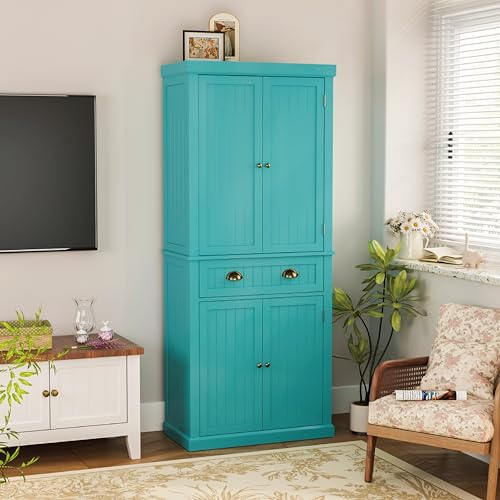 72" Kitchen Pantry,Tall Storage Cabinets with Doors and Shelves,Freestanding Pantry Cabinet for Bathroom,Dining Room and Living Room (Turquoise Blue) - color: Turquoise Blue