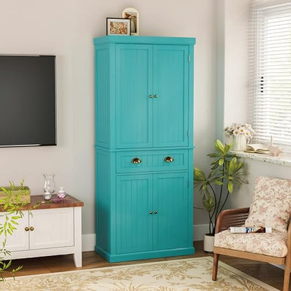72" Kitchen Pantry,Tall Storage Cabinets with Doors and Shelves,Freestanding Pantry Cabinet for Bathroom,Dining Room and Living Room (Turquoise Blue) - color: Turquoise Blue