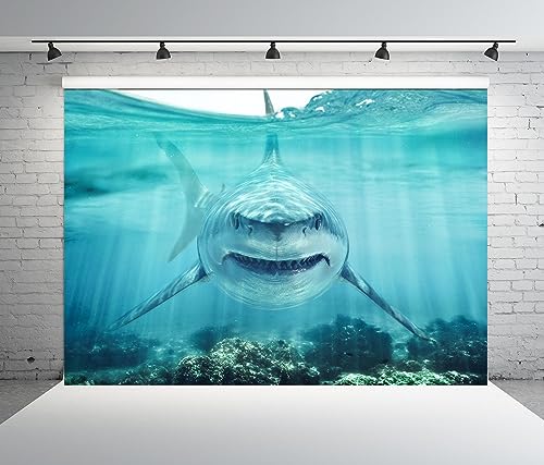 BELECO 5x3ft Fabric Shark Under The Sea Backdrop Underwater World Ocean Aquarium Background Theme Party Decorations Banner Birthday Photoshoot Studio Props Wallpaper - size: 5x3FT