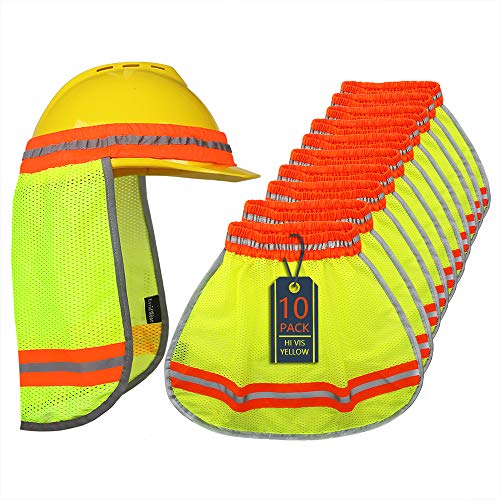 Evridwear High Visibility Neck Sun Shield Safety Hard Hat Shade | 10 Pack,Reflective Stripe,Breathable Mesh Elastic Band,UV Protection for Construction, Outdoor Activities, Landscaping - color: Yellow, size: 10 Pack