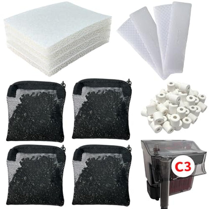 2 Aquarium Filter Media Kits Compatible with Fluval C3 (50 Gal) Aquarium Power Filter, Includes 4 Sponge Pads, 4 Tarpaulins, 4 Activated Carbons, 1 Pack Ceramic Ring - size: C3 Series