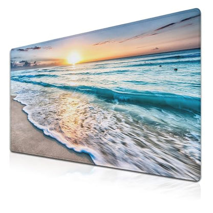 Keyboard Mats Desk Accessories Kit Gaming Mousepad Big Mouse Pads Pc Desk Mat Full Desk Mat Waterproof Non-Slip Rubber Base 35.4" X 15.7" for Game Office, Beach Sunset Ocean Waves - color: Beach