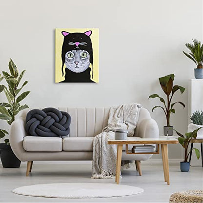 Stupell Industries Adorable Grey Cat Wearing Hat Black Turtleneck Yellow Background, Design by Coco de Paris - size: 24"L x 30"W