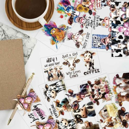 arricraft 10 Pcs Cattle Theme Cup Printing UV Transfer Papers, 10 Styles Highland Cattles Funny Cows PVC DIY Heat Transfer Stickers for 16 OZ Glass Cups Crafts 9.5x4.3inch - style: Cattle Theme