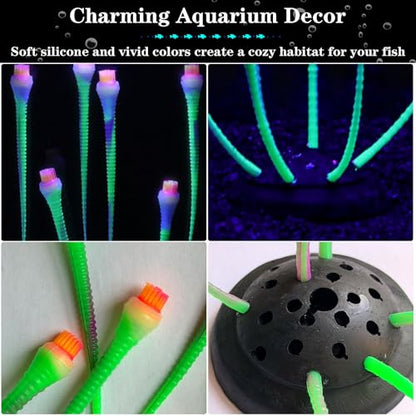 Aquarium Coral Plant Ornaments with Glowing Effect, Silicone UV Reactive Fish Tank Decorations, Soft Artificial Aquarium Plants Safe for Freshwater & Saltwater Fish Tank (Green)