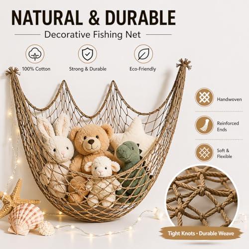 Fish Net Decorations for Party, 80x40 Inch Large Decorative Fish Netting Table Runner, Wall Photo Hanging Fishnet for Nautical Mermaid Pirate Hawaii Beach Under the Sea Party Decorations, Caramel