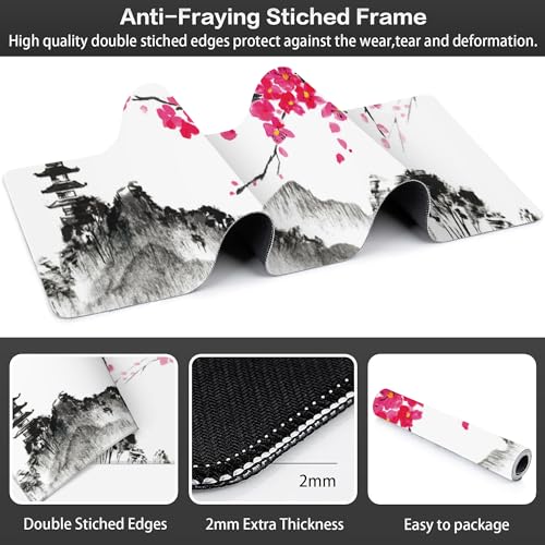 Chinese Ink Painting Desk Mat,Large Abstract Landscape Painting Gaming Keyboard Mouse Pad,Non-Slip Rubber Base Desk Pad Thick Stitched Edges Waterproof Mousepad Mouse Mat 31.5"x11.8" - color: Chinese Ink Painting
